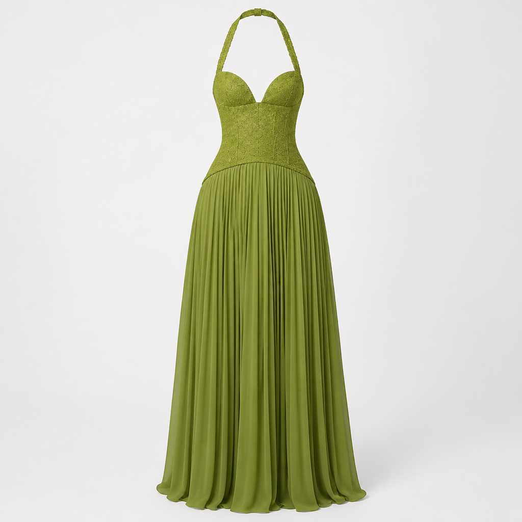 Women's Corset Maxi Dress | Lace & Chiffon | Halter Backless Pleated Evening Gown