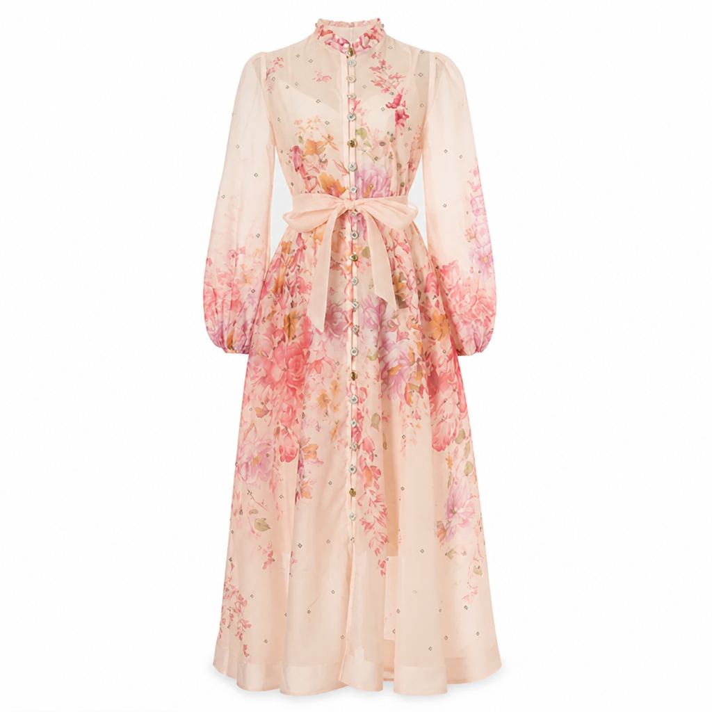 Women's Maxi Dress | Diamond Floral Print | Long Sleeve & High Waist | Flounce Hem, Comfortable Fit