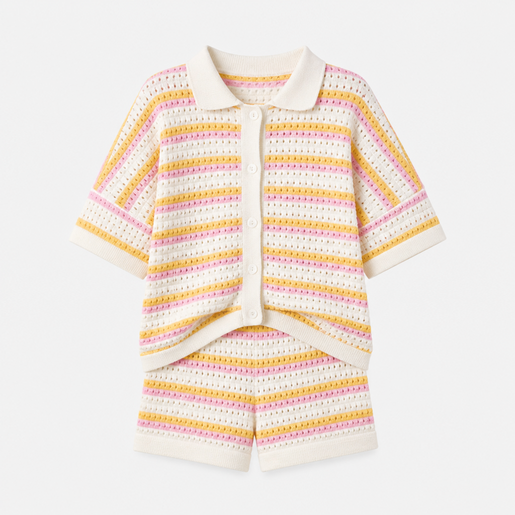 Women's 2-Piece Set | Knit Fabric | Contrast Stripes | Cardigan & Matching Shorts