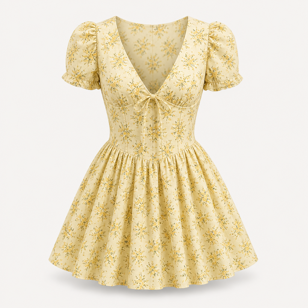 Women's Pleated Mini Dress | Polyester | Vintage Floral Print | Puff Sleeve V-Neck