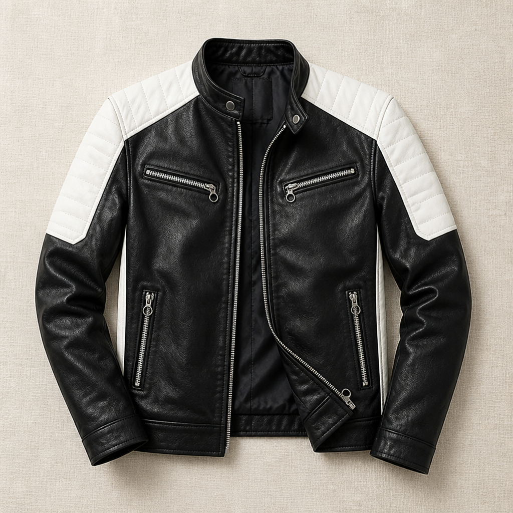 Men's Biker Jacket | Tailored Slim Fit with Quilted Shoulders | Full-Length Zipper & Multiple Zip Pockets