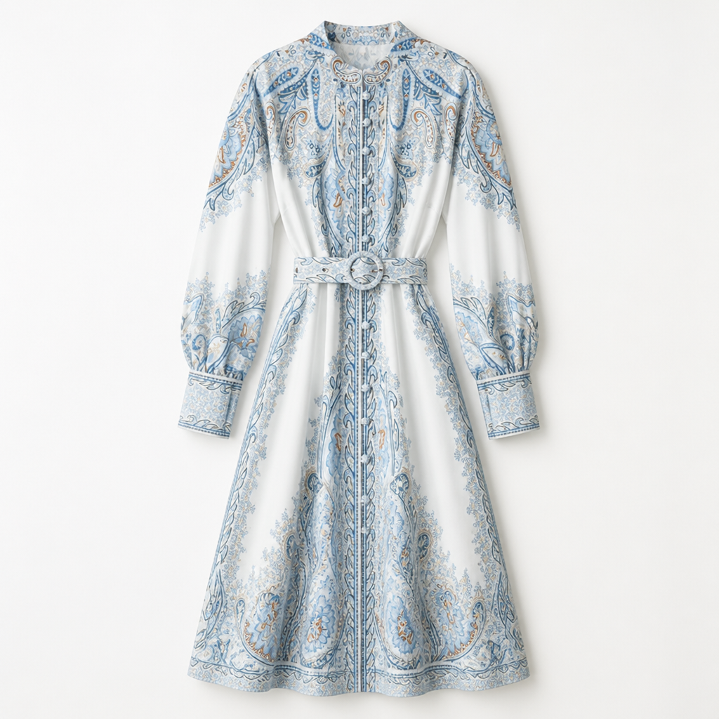Women's A-line Dress | Floral Print | Belted Waist | Turn-Down Collar