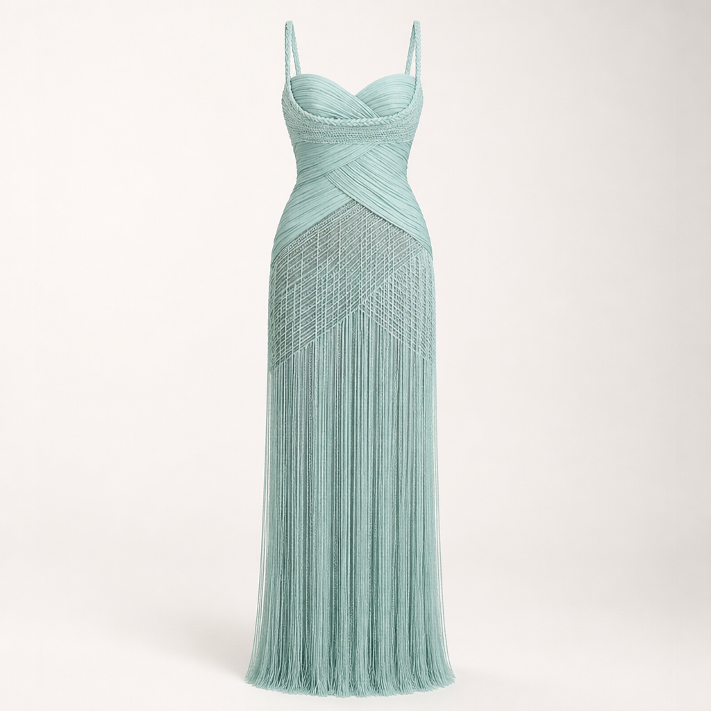 Women's Halter Evening Gown | Polyester Mint Green | Tassel Fishtail with Fitted Waist