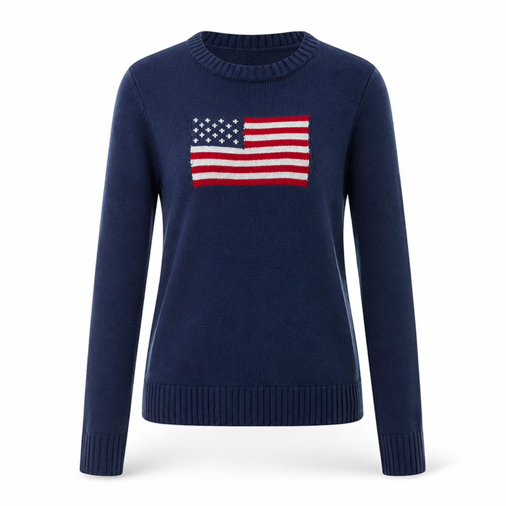 Women's Flag-Inspired Knit Sweater | Regular Fit | Crew Neck, Ribbed Hem & Cuffs, Long Sleeve | Autumn Winter Weekend Wear