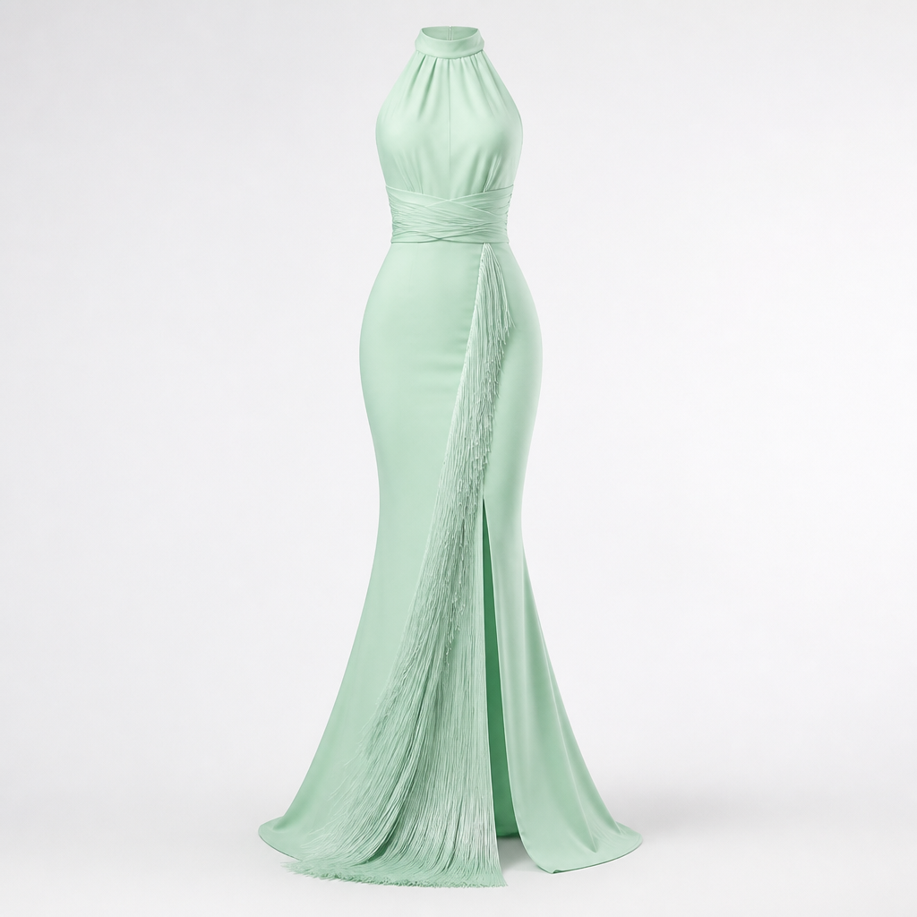 Women's Halter Evening Gown | Polyester Mint Green | Tassel Fishtail with Fitted Waist