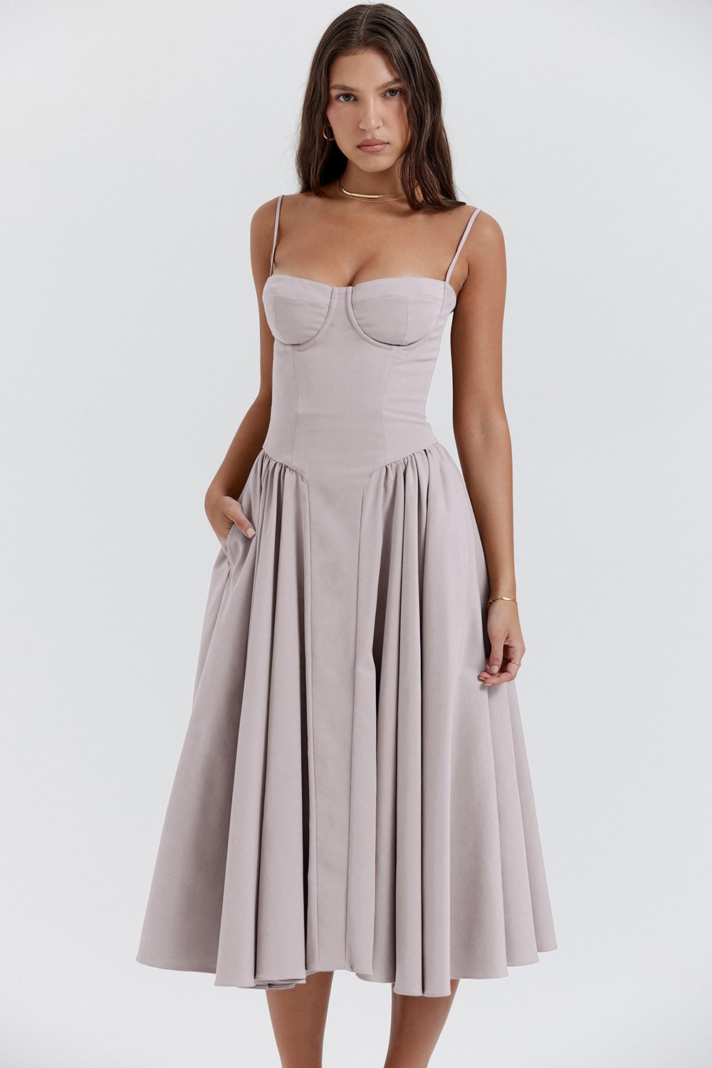 Avencea Wide Swinging, Deep Cut Midi Dress with Straps