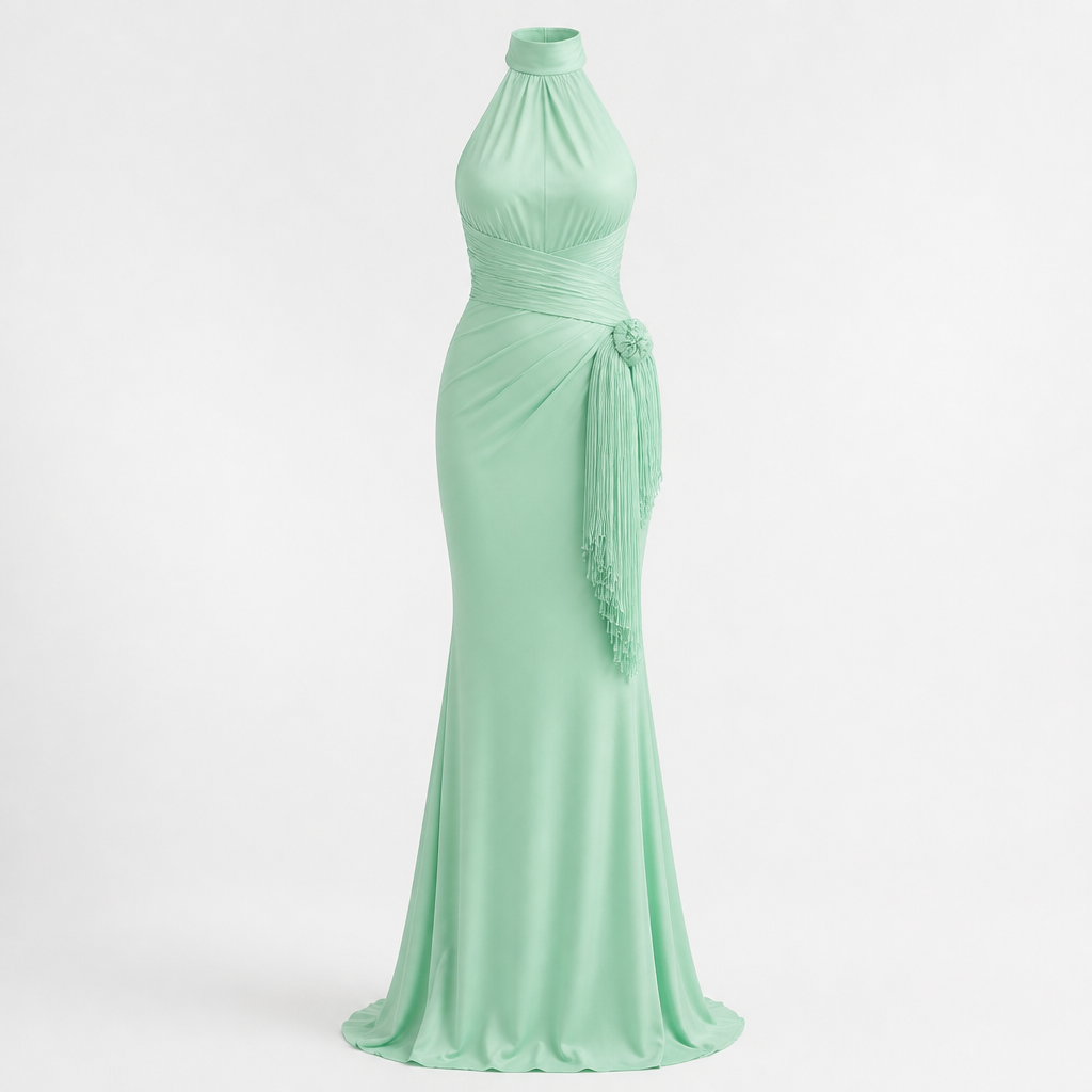 Women's Halter Evening Gown | Polyester Mint Green | Tassel Fishtail with Fitted Waist