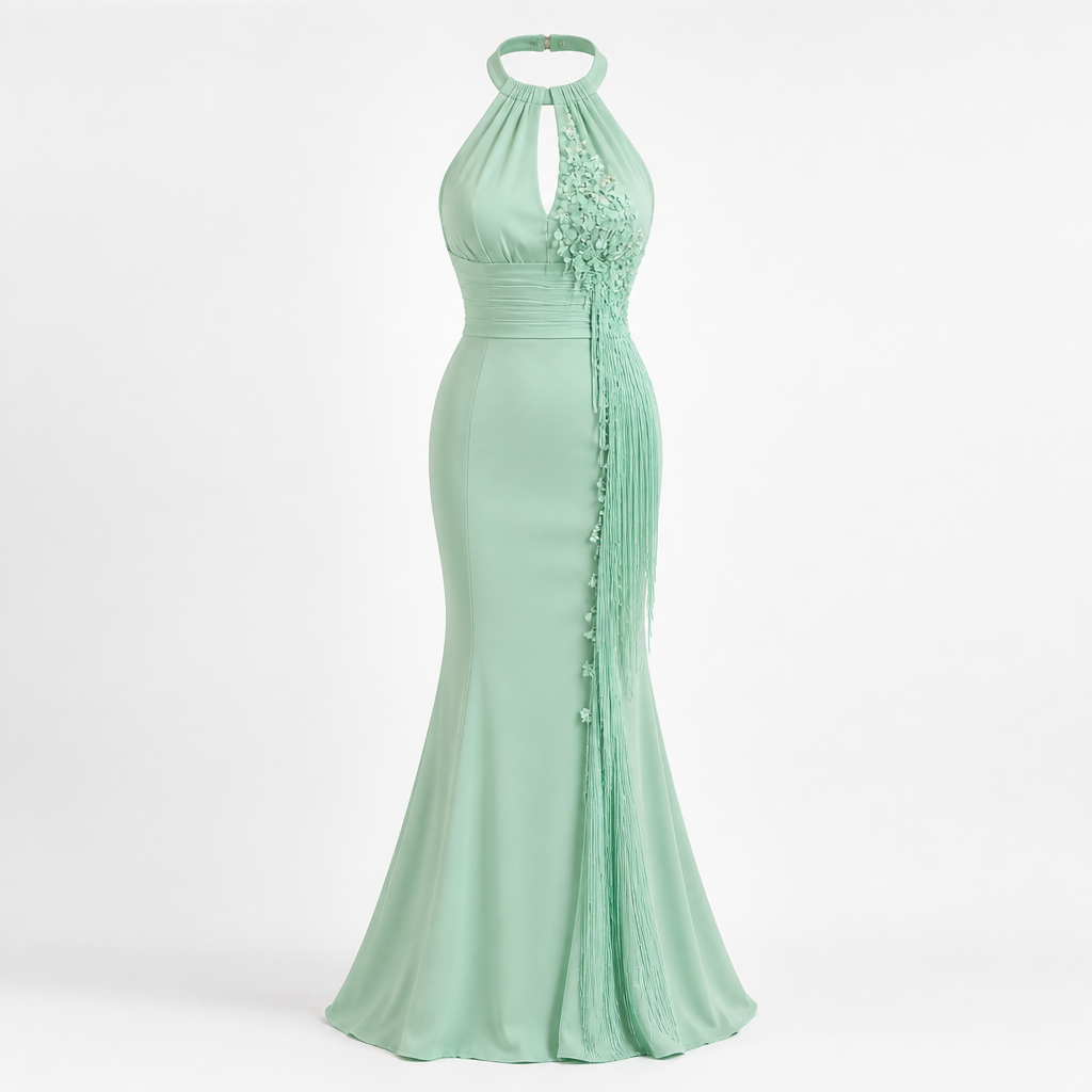 Women's Halter Evening Gown | Polyester Mint Green | Tassel Fishtail with Fitted Waist