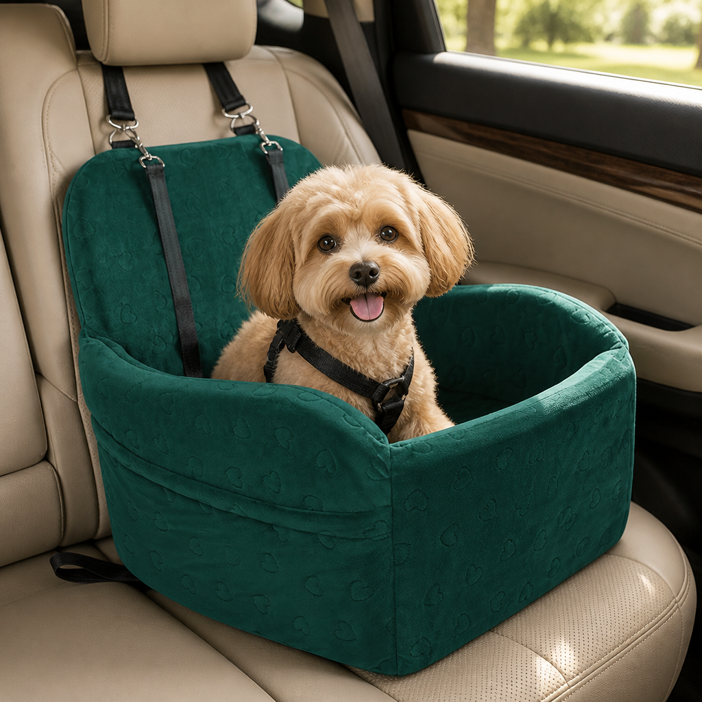 DogBedHouse Plush Memory Foam Dog Car Seat (3 Clip-On Safety Leashes)