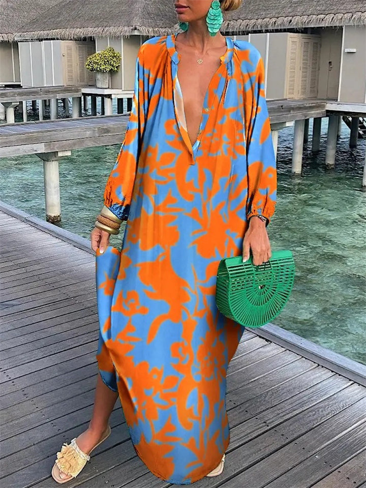 Avencea | V-Neck Linen Dress with Print