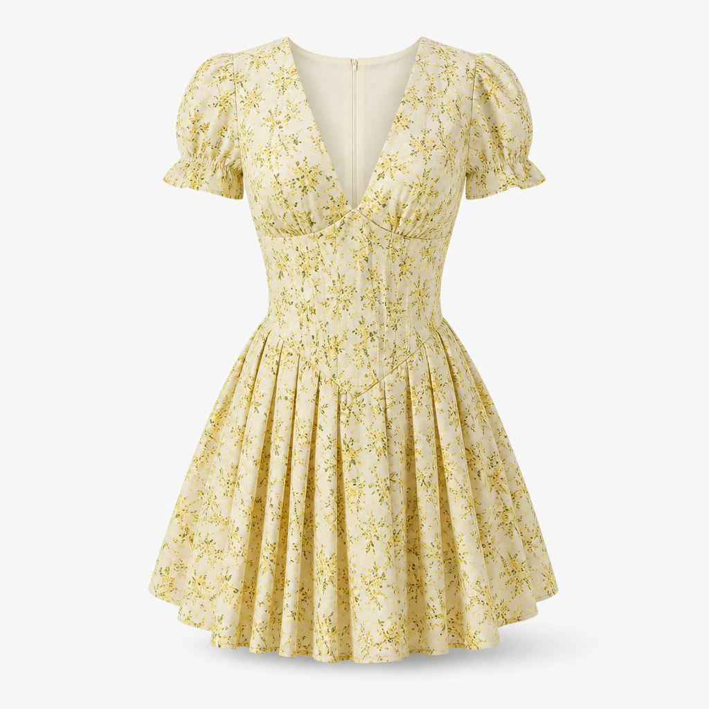 Women's Pleated Mini Dress | Polyester | Vintage Floral Print | Puff Sleeve V-Neck