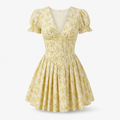 Women's Pleated Mini Dress | Polyester | Vintage Floral Print | Puff Sleeve V-Neck