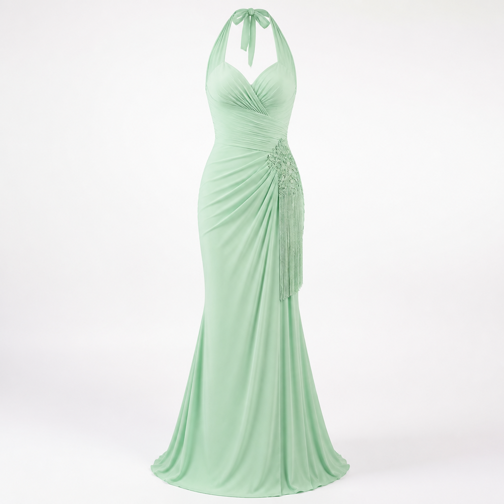 Women's Halter Evening Gown | Polyester Mint Green | Tassel Fishtail with Fitted Waist