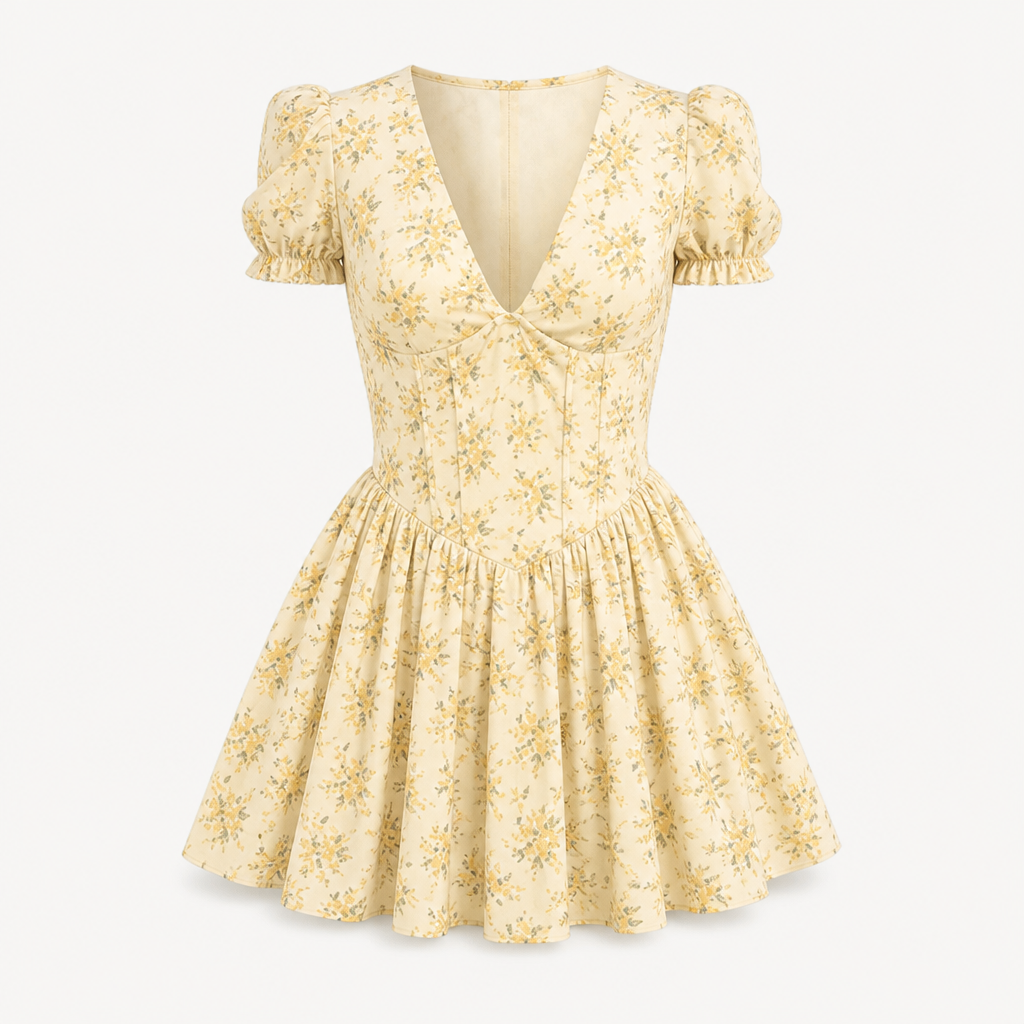 Women's Pleated Mini Dress | Polyester | Vintage Floral Print | Puff Sleeve V-Neck