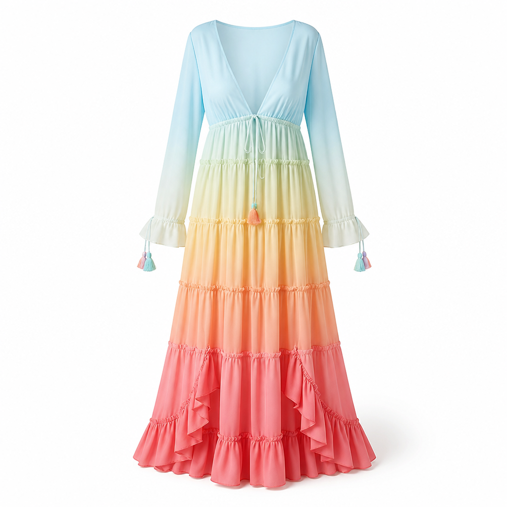 Women's Maxi Dress | Bohemian Gradient Rainbow Print | Patchwork Ruffle Hem