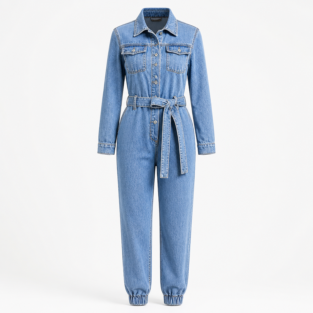 Women's Denim Jumpsuit | Regular Fit | Belted Waist, Long Sleeve, Turn-Down Collar | Smart Casual | Weekend Outfit