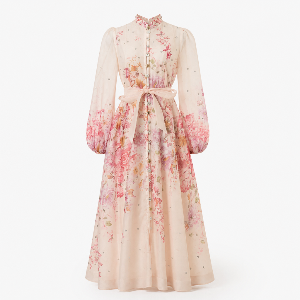 Women's Maxi Dress | Diamond Floral Print | Long Sleeve & High Waist | Flounce Hem, Comfortable Fit
