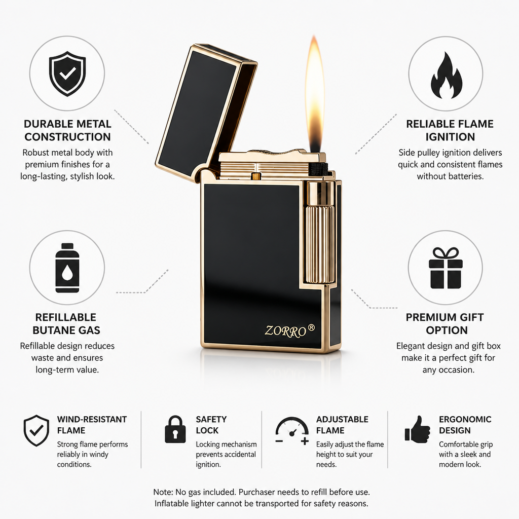 Refillable Butane Side-Pulley Metal Lighter (Gift Box Option)