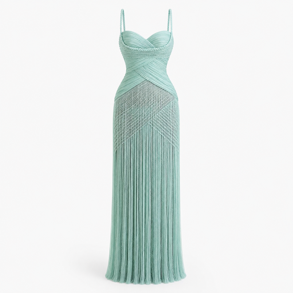 Women's Halter Evening Gown | Polyester Mint Green | Tassel Fishtail with Fitted Waist