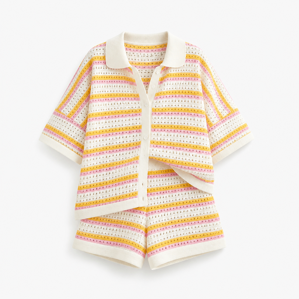 Women's 2-Piece Set | Knit Fabric | Contrast Stripes | Cardigan & Matching Shorts