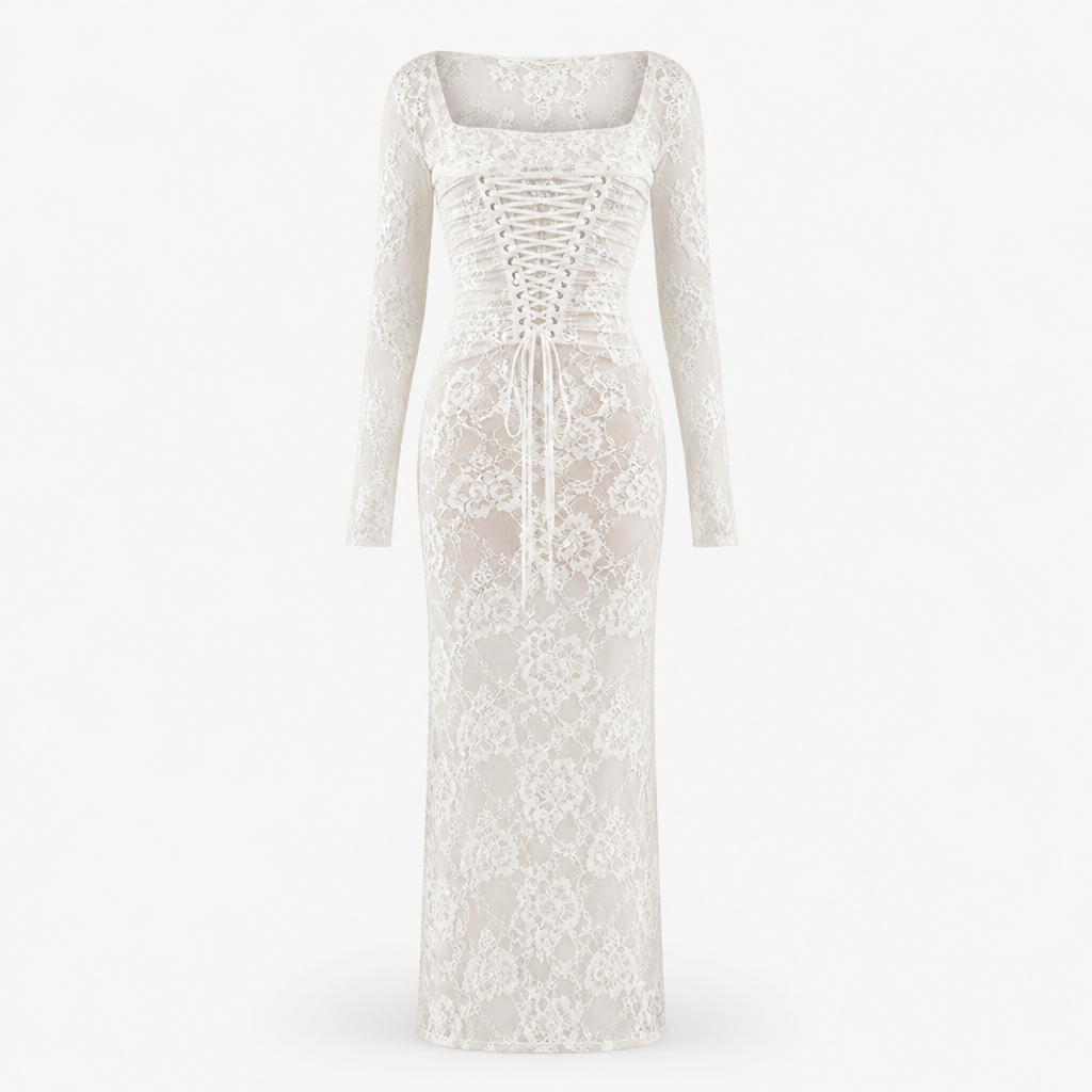 Lace Dress for Women | Long Sleeve Capelet | Drawstring Waist & Lace Embroidery | Comfortable Fit