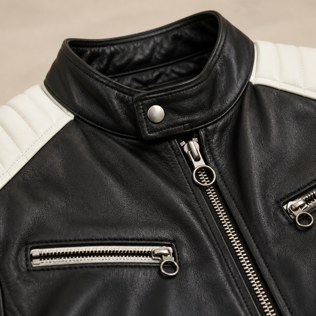 Men's Biker Jacket | Tailored Slim Fit with Quilted Shoulders | Full-Length Zipper & Multiple Zip Pockets