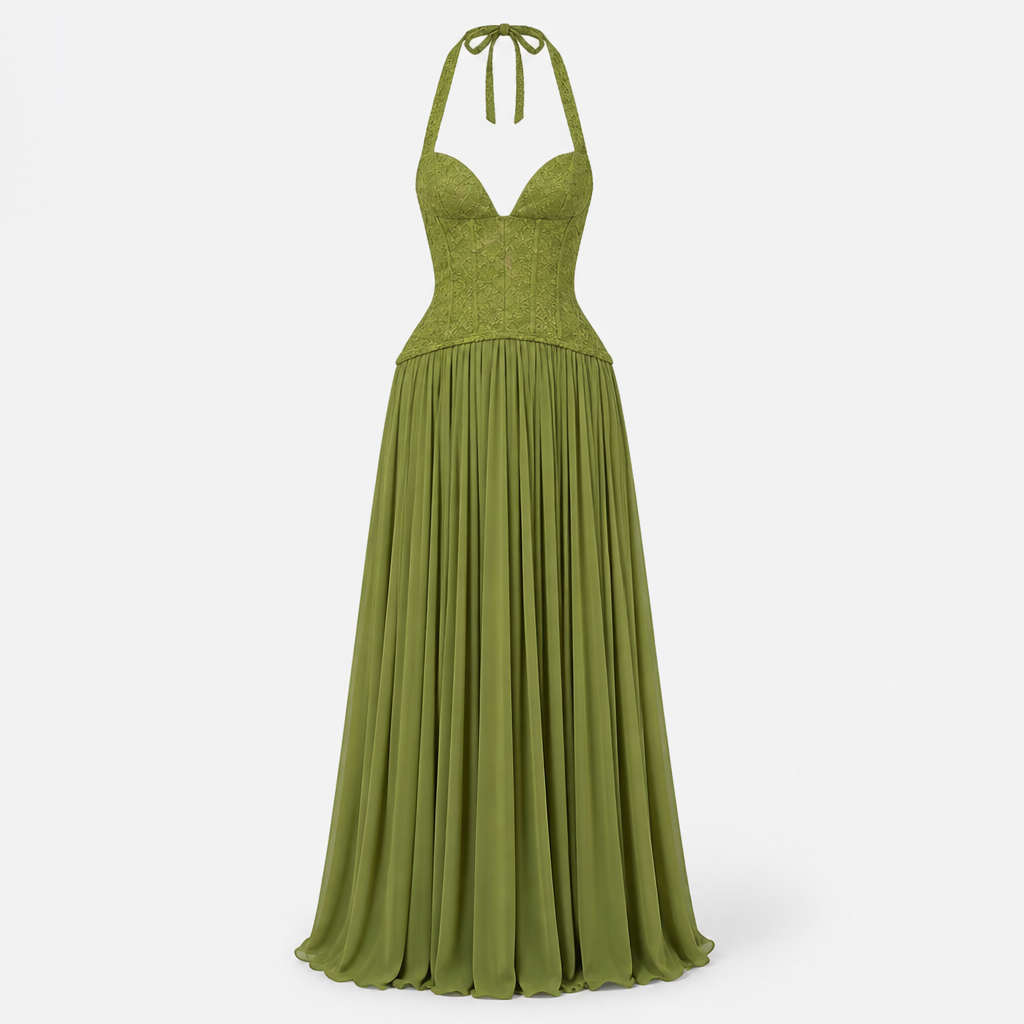 Women's Corset Maxi Dress | Lace & Chiffon | Halter Backless Pleated Evening Gown
