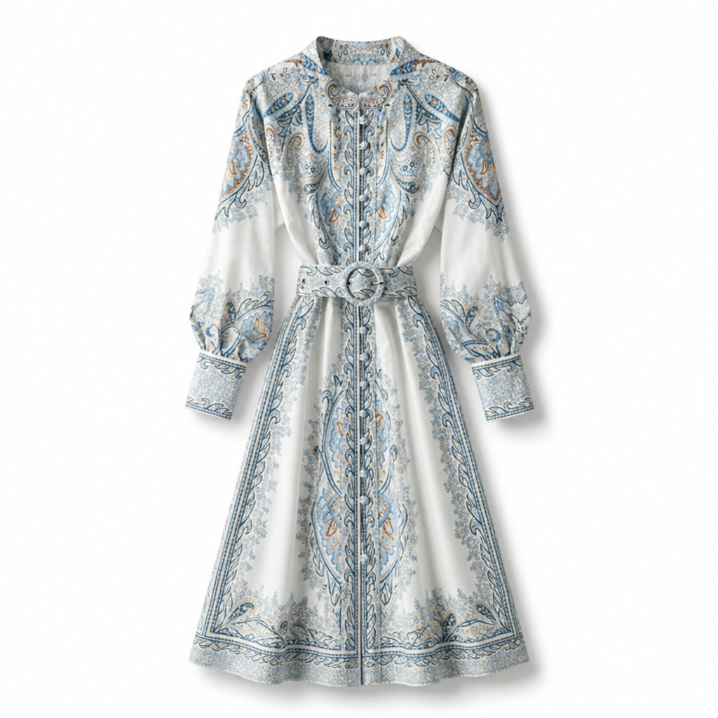 Women's A-line Dress | Floral Print | Belted Waist | Turn-Down Collar