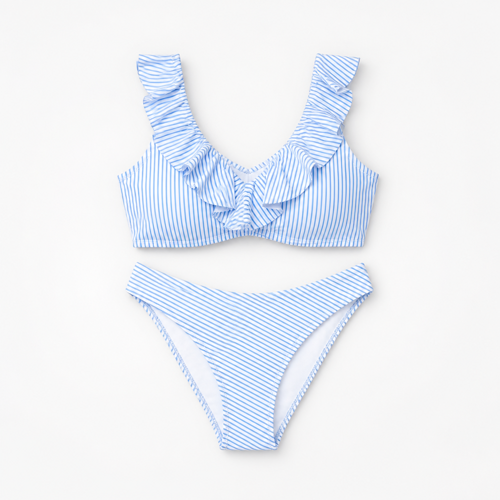 Women's High Waist Bikini Set Cotton-Polyester | Regular Fit | Ruffle Trim, Wireless Top, Striped | Beachwear Summer Swimwear