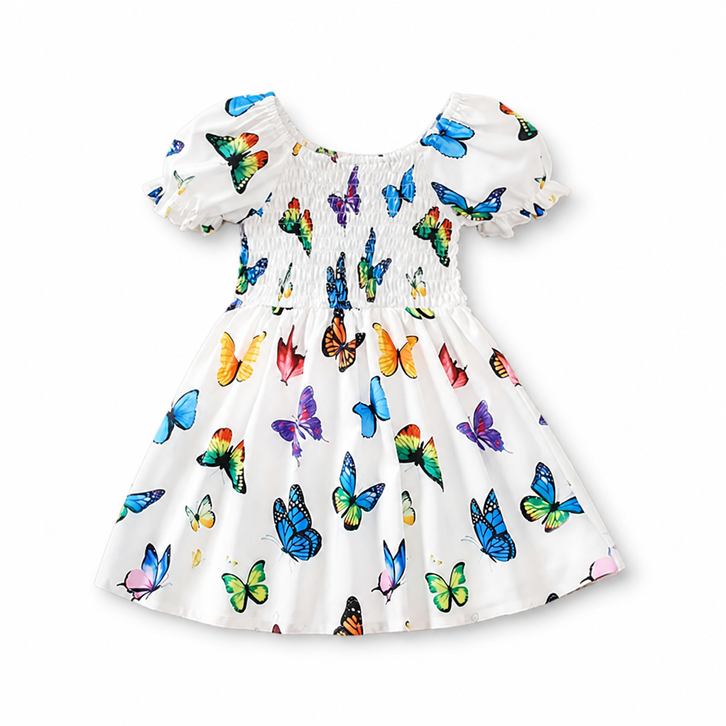 Girls' Breathable Frill-Sleeve Butterfly Print Dress (Ages 1-8)