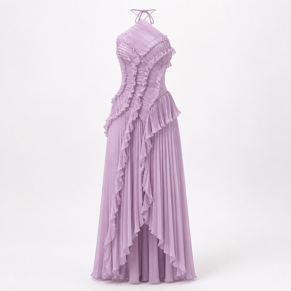 Women's Pleated Maxi Dress | Ruffle Off-Shoulder Layered Style | Floor-Length Wedding & Party