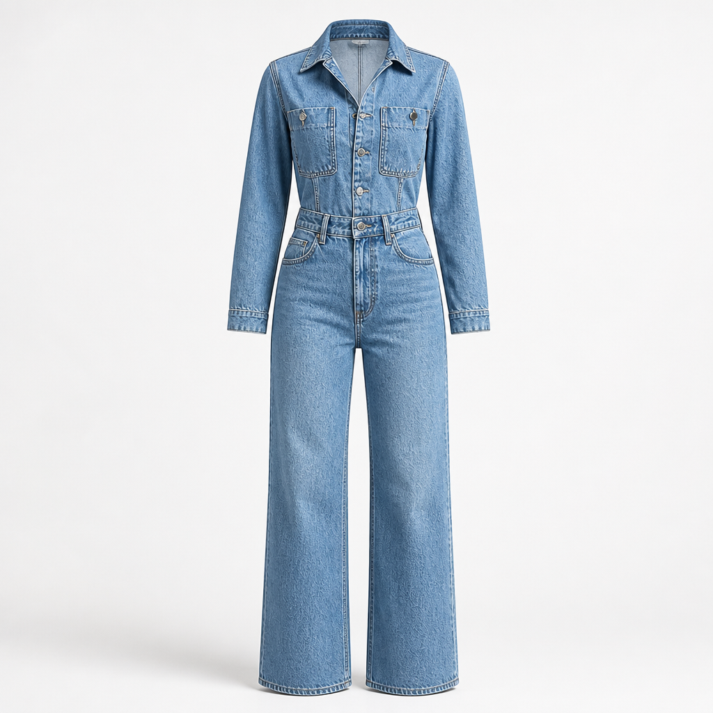 Women's Denim Jumpsuit | Fitted | Long Sleeve, Wide Leg, Pockets, Vintage Style | Smart Casual | Weekend Outfit