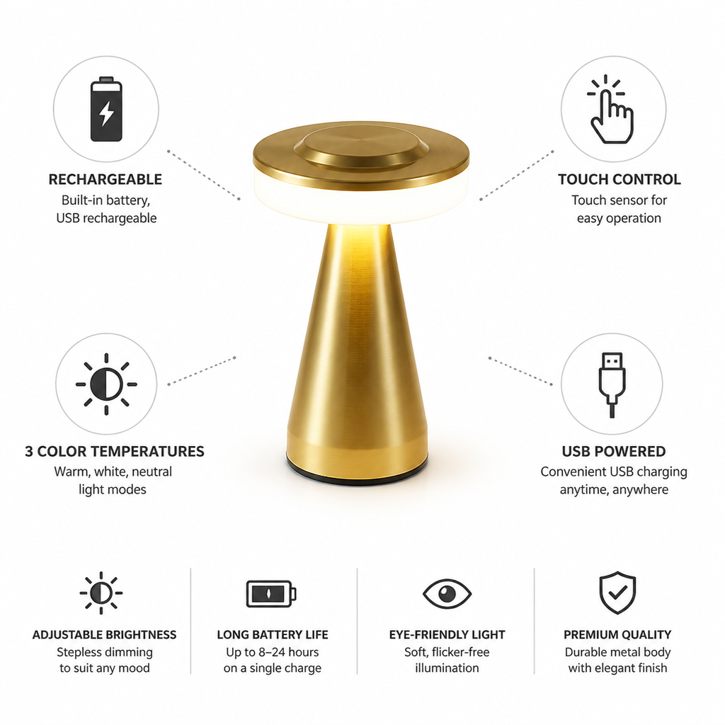 Mushroom LED Table Lamp | Touch Sensor & Color-Adjustable | USB Rechargeable Bedside Light