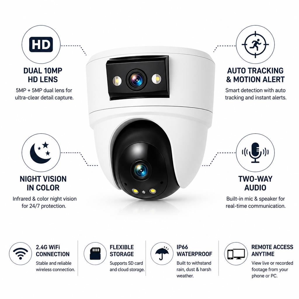 Dual-Lens WiFi Home Security Camera | 10MP Auto-Tracking Dual-Screen | Two-Way Audio & Night Vision