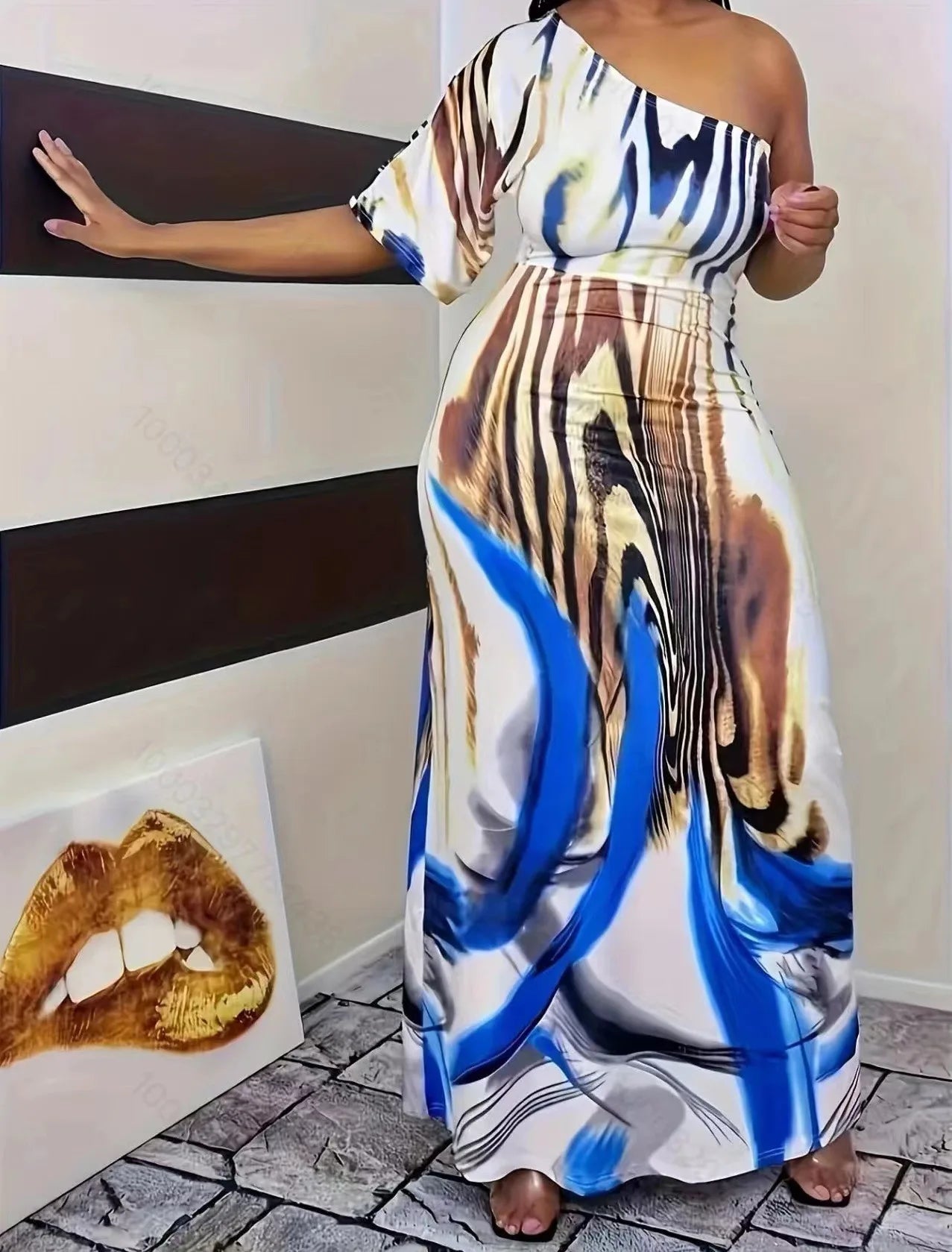 Plus size new women's fashion casual milk white printed single sleeved off shoulder dress long skirt
