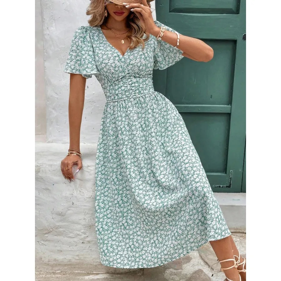 Women Summer Vacation Style Full Floral Print V-Neck Ruffle Short Sleeve Long Dress,Summer Dresses For Women,Pastel Flower Beach Holiday Resort