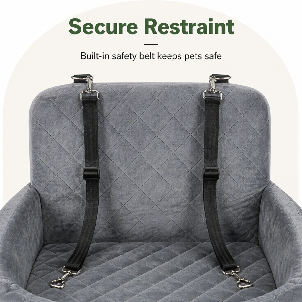DogBedHouse Quilted Washable Oxford & Safety Belt Dog Car Seat (Removable Cushion)