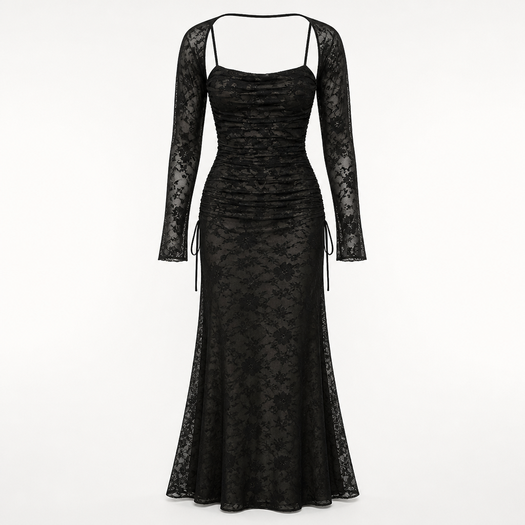 Lace Dress for Women | Long Sleeve Capelet | Drawstring Waist & Lace Embroidery | Comfortable Fit