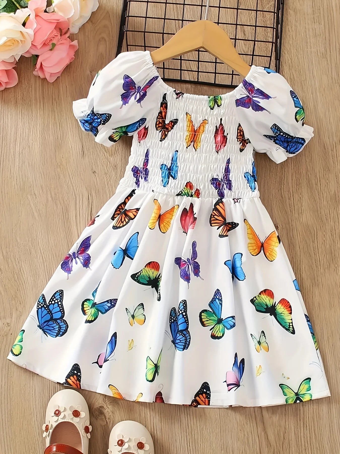 Children's Clothing for Girls: Vibrant Butterfly All-Over Print Dress Suitable for Children Aged 1-8, Summer Wear, White Colorful Butterfly Dress