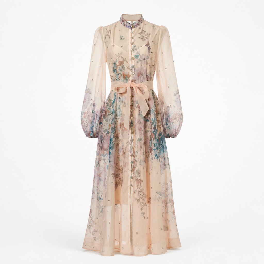 Women's Maxi Dress | Diamond Floral Print | Long Sleeve & High Waist | Flounce Hem, Comfortable Fit