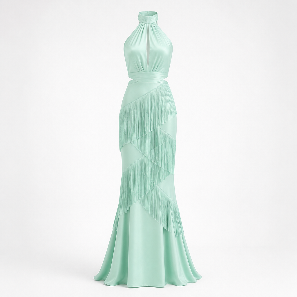 Women's Halter Evening Gown | Polyester Mint Green | Tassel Fishtail with Fitted Waist