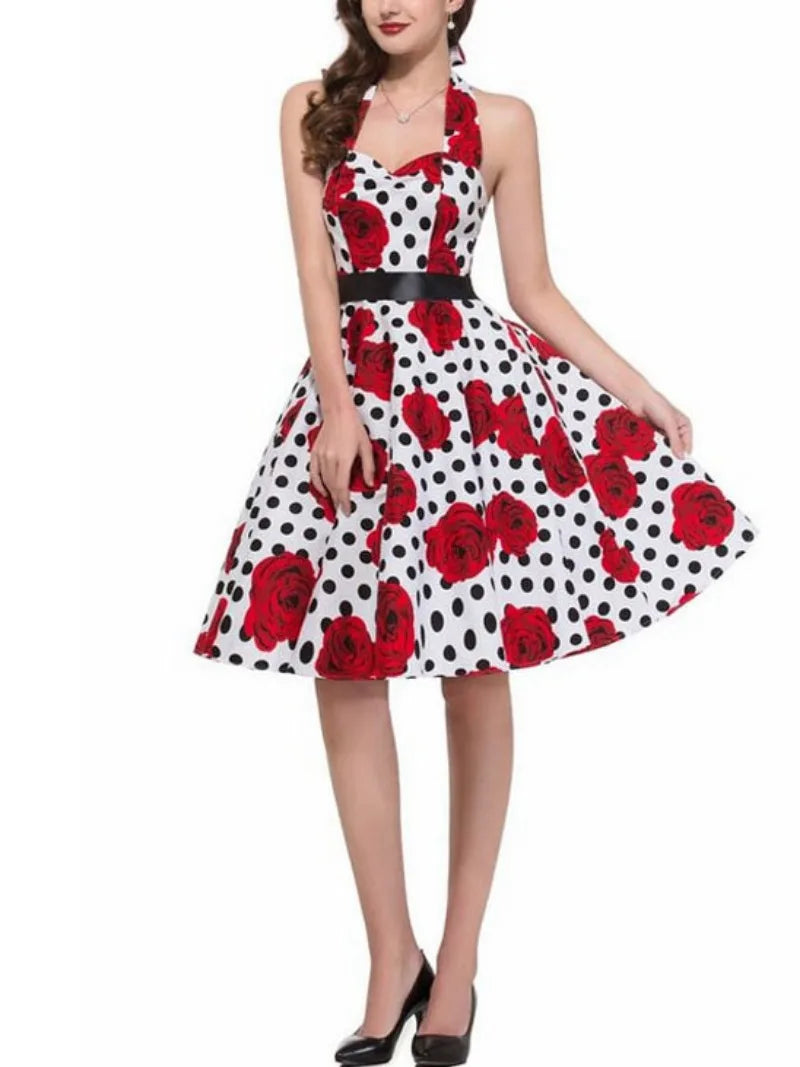 Elegant Women Polka Dot Dress Summer Hepburn 1950s 60s Vintage Sexy Halter Rockabilly Retro Party Office Dresses 2026 Robe Pinup