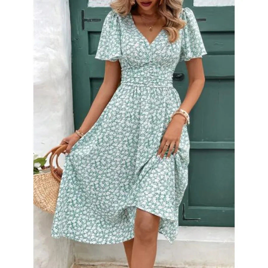 Women Summer Vacation Style Full Floral Print V-Neck Ruffle Short Sleeve Long Dress,Summer Dresses For Women,Pastel Flower Beach Holiday Resort
