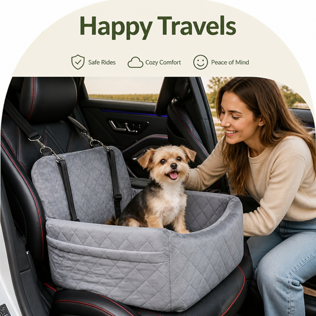 DogBedHouse Quilted Washable Oxford & Safety Belt Dog Car Seat (Removable Cushion)