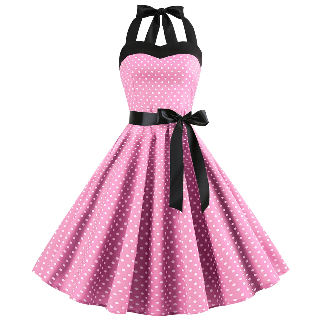 Elegant Women Polka Dot Dress Summer Hepburn 1950s 60s Vintage Sexy Halter Rockabilly Retro Party Office Dresses 2026 Robe Pinup