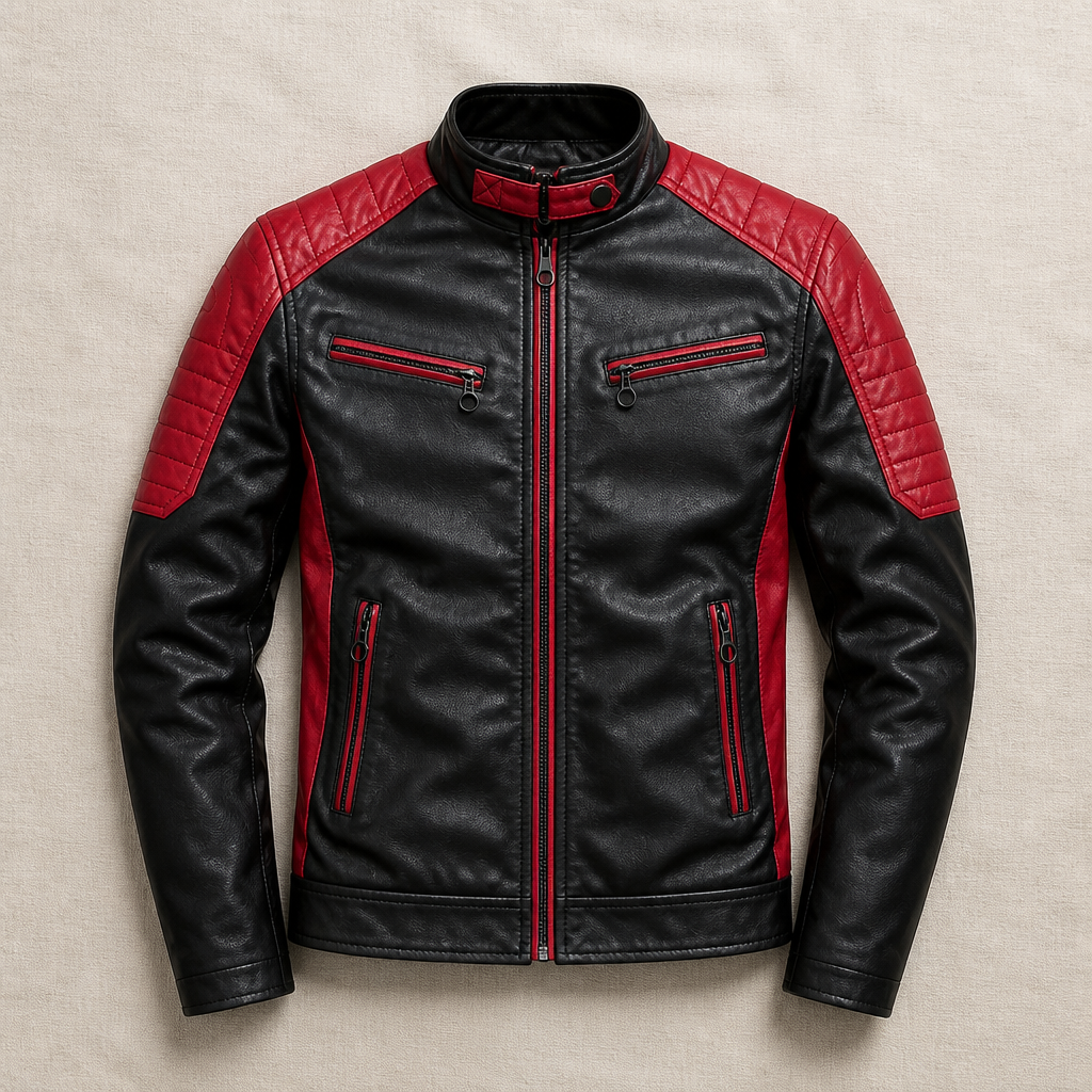Men's Biker Jacket | Tailored Slim Fit with Quilted Shoulders | Full-Length Zipper & Multiple Zip Pockets
