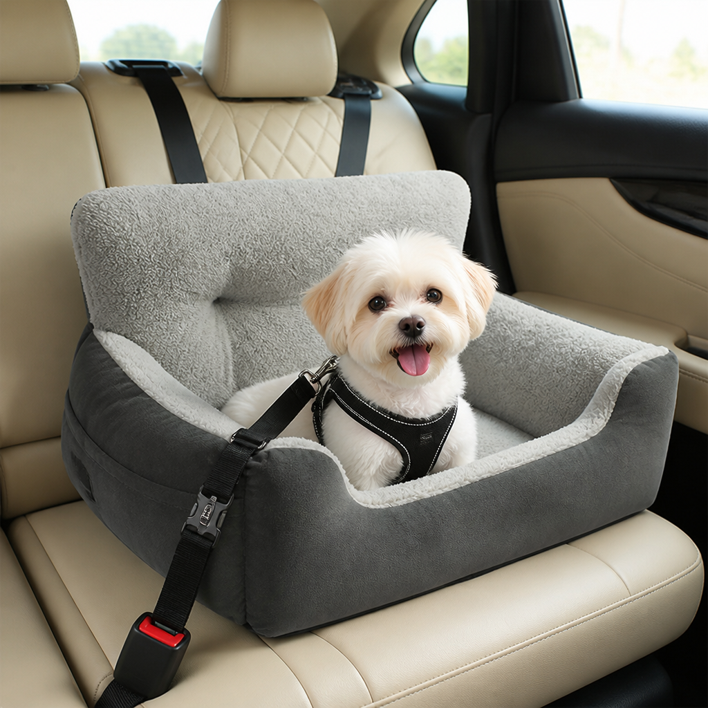 DogBedHouse Adjustable Straps & Clip-On Leash Booster Car Seat