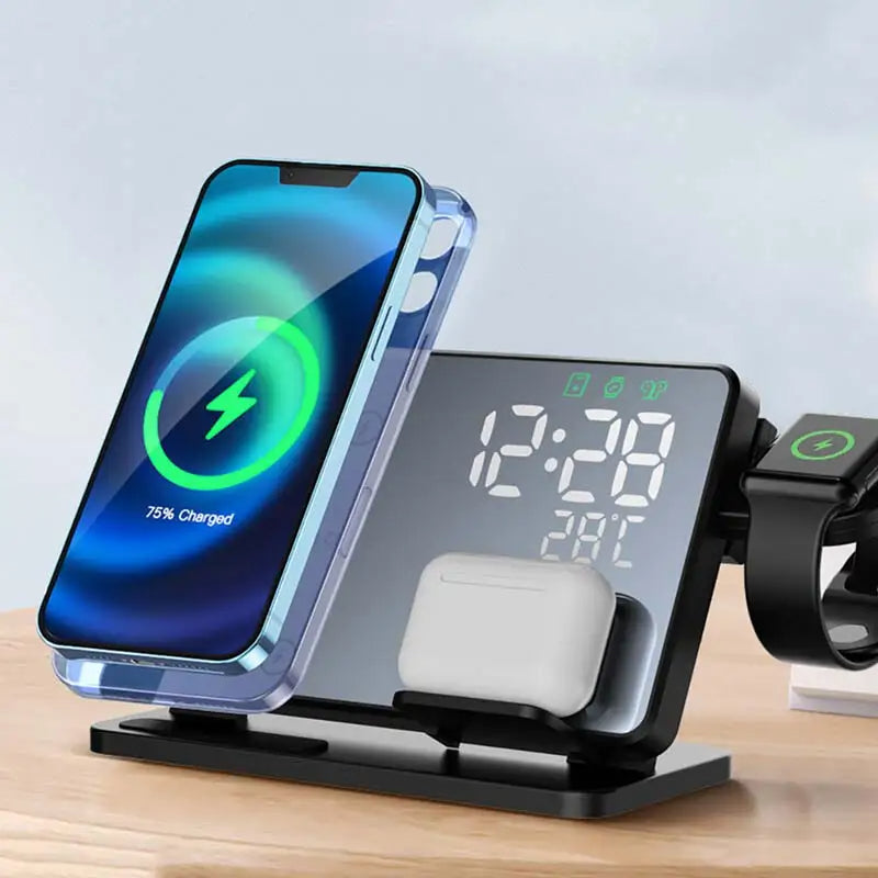 3-in-1 Wireless Charging Station with Alarm Clock – Compatible with iPhone, Watch & AirPods