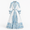 Women's A-line Dress | Floral Print | Belted Waist | Turn-Down Collar