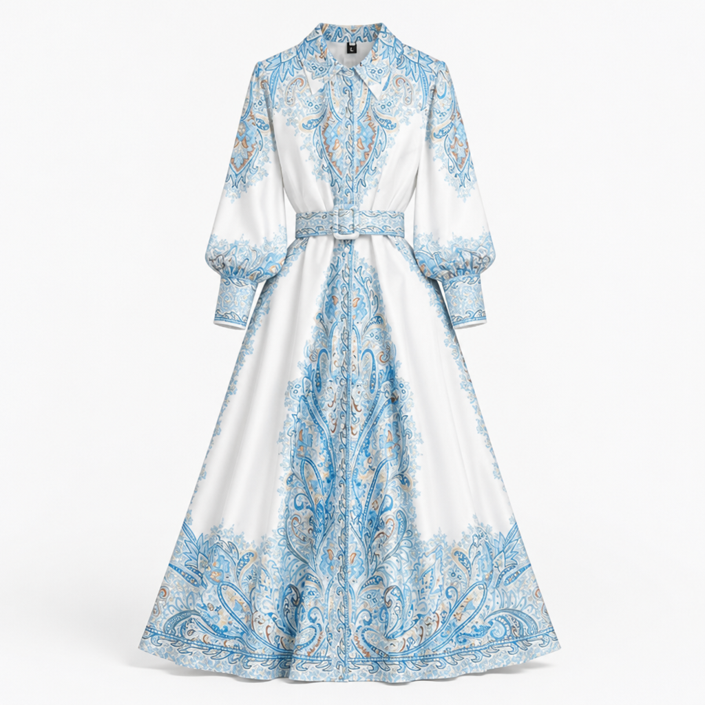 Women's A-line Dress | Floral Print | Belted Waist | Turn-Down Collar